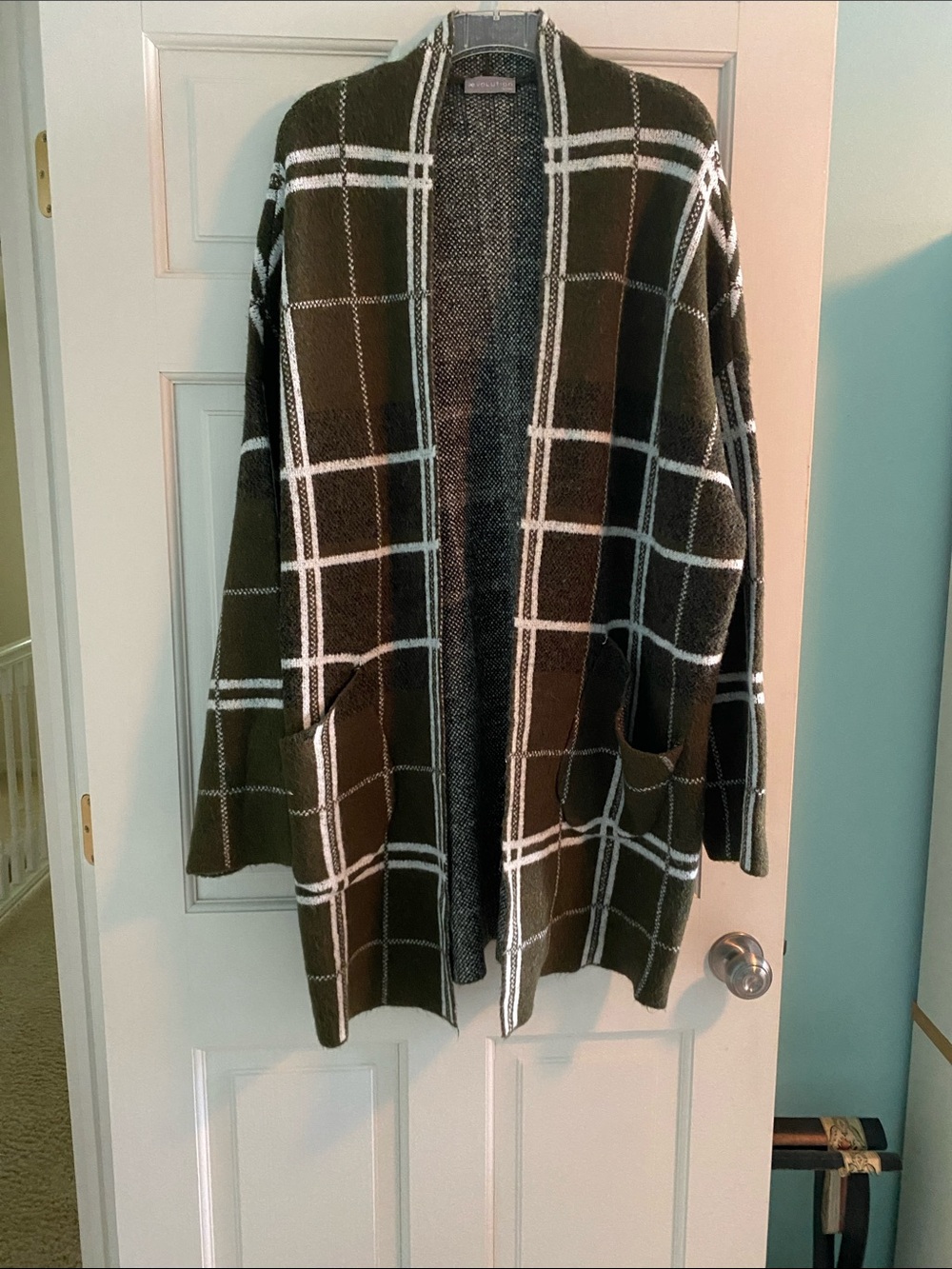 Revolution Olive Plaid Open Cardigan with White Windowpane